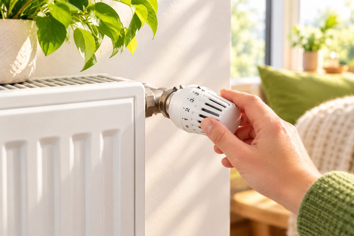 Heizkörper mit Thermostat in einem hellen Wohnraum mit grünen Pflanzen.