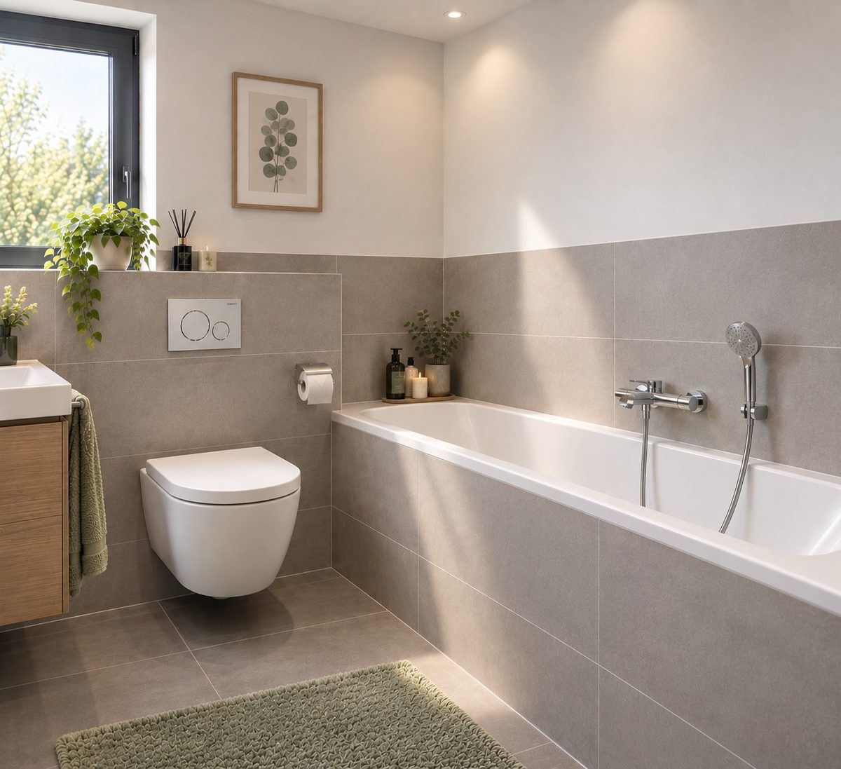 Helles Badezimmer mit Badewanne, Waschbecken und wandhängendem WC.